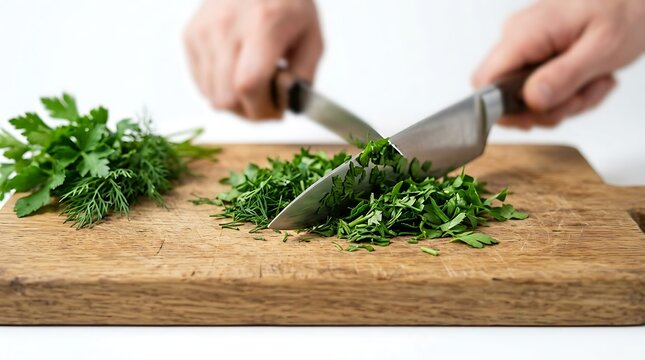 Hands chopping fresh green parsley and dill herbs on a wooden cutting board in kitchen with metal knife finely board set against hands use sharp