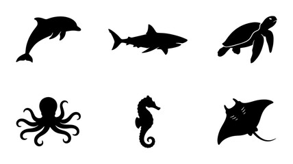 Marine Life Silhouettes: Dolphin, Shark, Turtle, Octopus, Seahorse, Ray Icons © Ayush