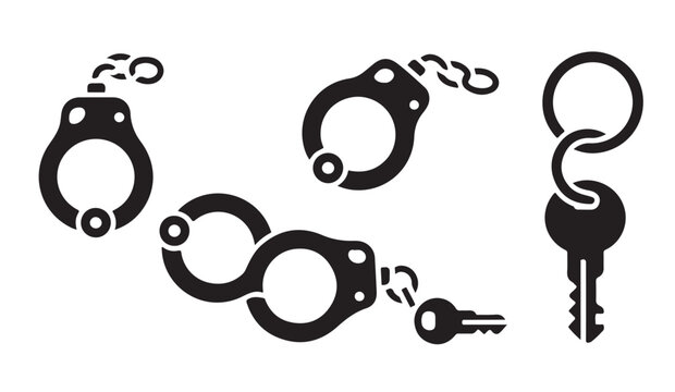 Black steel handcuff links and key ring set representing criminal detention and police lockup procedures.