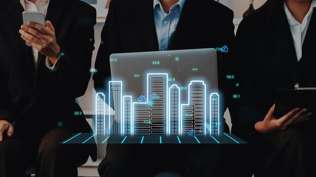 Business professionals using laptop with virtual city skyline and statistical data visualization in modern office environment. Entropy.