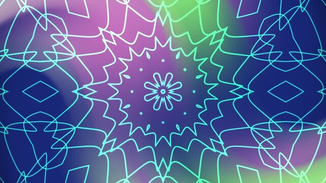 Neon blue mandala pattern with purple  green blurred backdrop for design projects, backgrounds, textiles, and meditation aids.