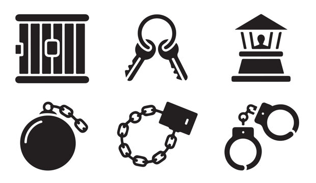 black jail bars, keys, guard tower, shackle, and handcuffs flat icon vector set on transparent background.