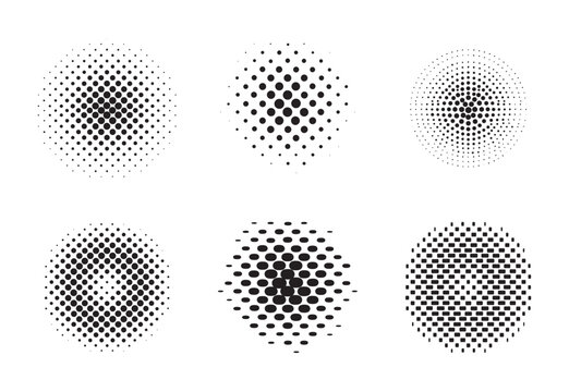 Halftone Dots Gradient Pattern Collection, Circular Raster Texture and Dotted Spot Background Vector Isolated on White