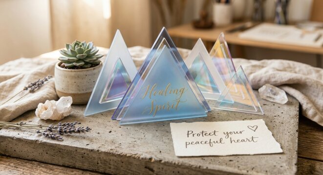 Acrylic Triangles with 'Healing Spirit' inscription, offering a translucent, iridescent display