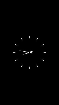 Minimalist white clock animation showing fast time lapse motion on black background representing concept of urgency deadline speed productivity and passage of time for design.