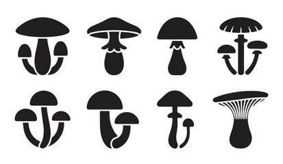 Set of black mushroom silhouettes showcasing different forest fungi species for environmental design projects. © VANU