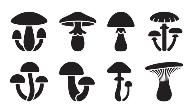 Set of black mushroom silhouettes showcasing different forest fungi species for environmental design projects.