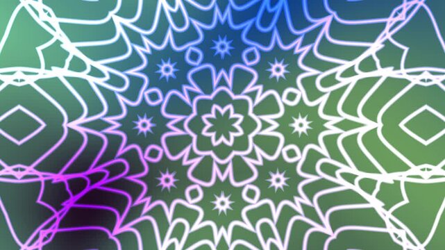 White geometric symmetrical lace mandala patterns on colorful neon gradient background perfect for design projects, prints, textiles, and backgrounds.