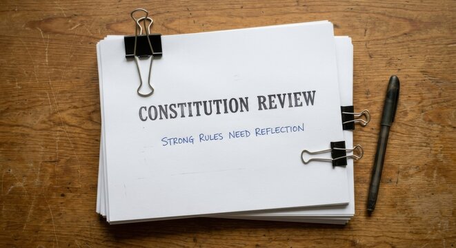 Constitution Review Documents Held by Binder Clips on Wooden Surface