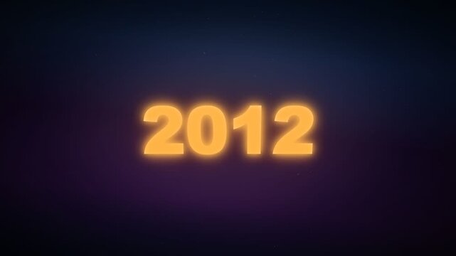 Glowing neon typography of year 2012 on dark purple atmospheric gradient background, concept for retrospective timeline design, historical event promotion and new year archive media