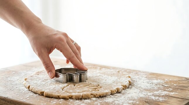A person uses a hand shaped metal cookie cutter on raw dough on a table with preparing homemade biscuits surface while preparing cutter circular piece