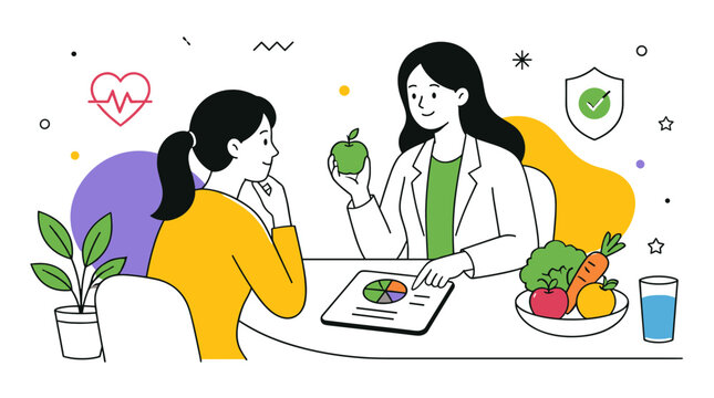 Professional nutritionist providing healthy eating advice to a female patient during consultation.