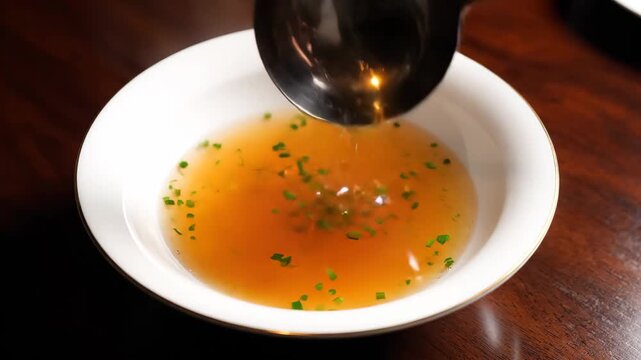 Clear consomm&eacute; broth poured into a delicate white bowl with chives