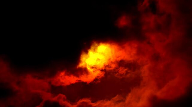 Intense Fiery Explosion with Swirling Red Smoke and Glowing Embers in Dark Sky