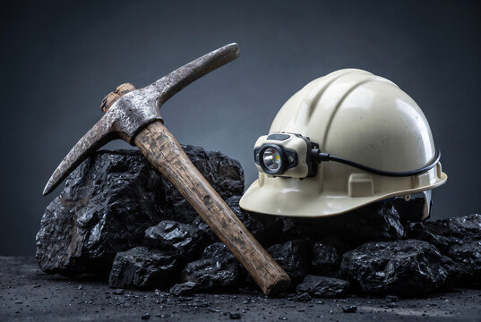 Industrial coal mining safety equipment with helmet, pickaxe, and miner headlamp for energy extraction.
