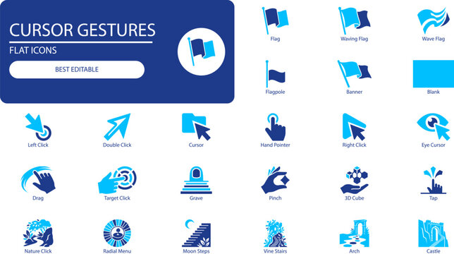 Cursor and gesture icons set. Bold glyph collection of hand pointers, clicks and arrows for UI design