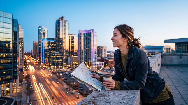 Traveler planning on a rooftop with skyline view