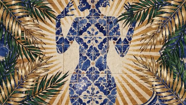 Woman silhouette with blue tile pattern and palms.