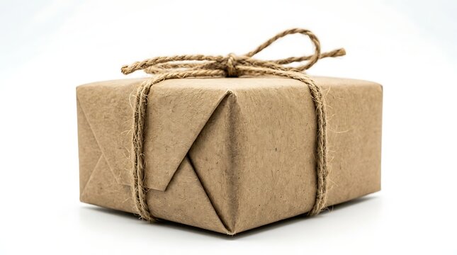 A small rectangular package wrapped in brown recycled paper and tied with rustic twine string with set against clean white background securely piece natural