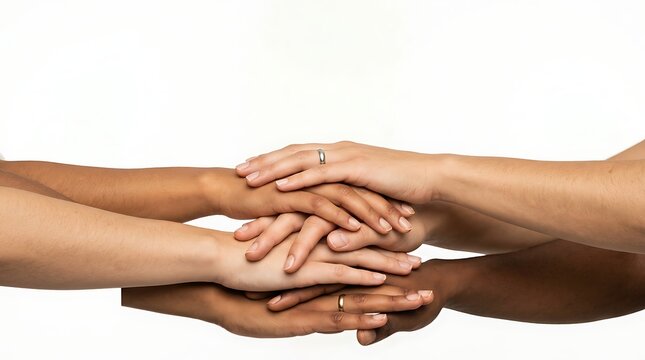Diverse hands stacked together as a symbol of unity and cooperation on white background with pile represent cooperation teamwork isolated with hands people different