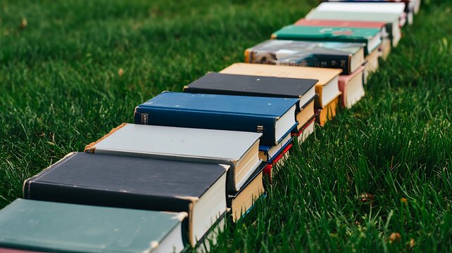 Colorful books arranged in a long row across green grass outdoors