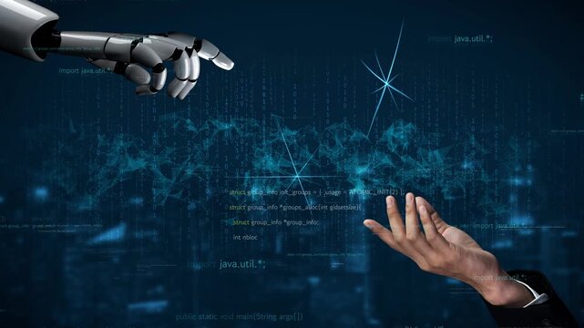 A captivating image showing a robotic hand reaching out to a human hand, set against a futuristic digital background filled with data streams and code elements. Xenic