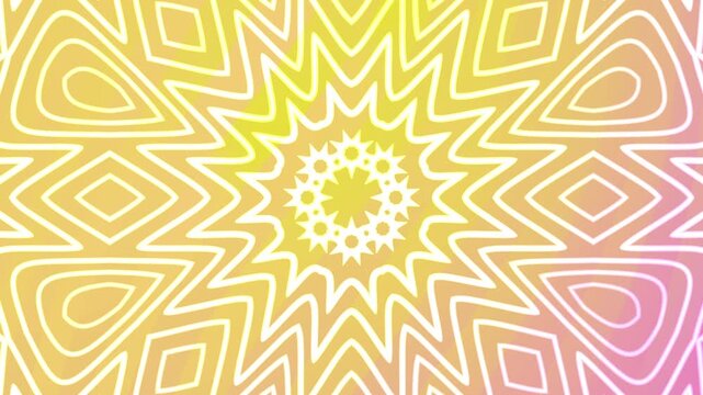 Yelloworange kaleidoscope mandala with white geometric symmetry, suitable for backgrounds, prints, textiles, or spiritual and holistic design projects.