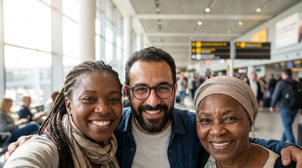 Fototapeta premium Happy diverse group of friends smiling together while waiting at the airport terminal.