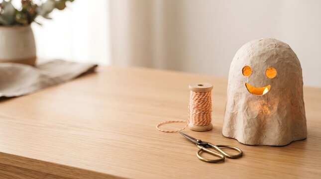 Handmade paper craft character with smiling face illuminated lamp on wooden table