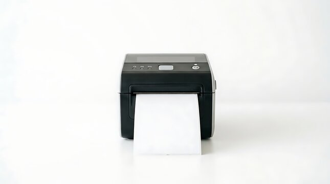A small black thermal printer with a blank white paper label emerging on white background with adhesive sticker extending compact desktop thermal