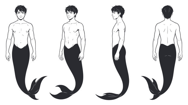 Black and white merman character turnaround for animation design.