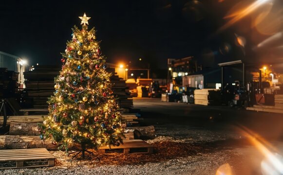 Decorated Christmas tree standing outdoors at night in an industrial lumber yard with stacked wood and glowing lights for winter holiday concepts