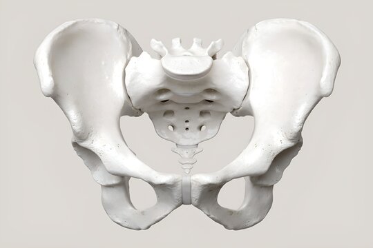 Human pelvis bone anatomy isolated on light background, front view of pelvic girdle including sacrum and hip bones