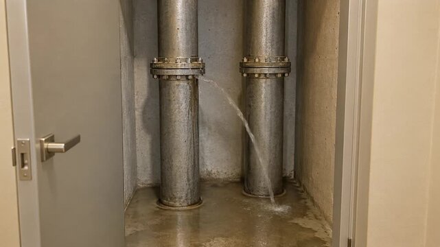 Water Spraying From Leaking Pipe Joint Inside Apartment Utility Cupboard