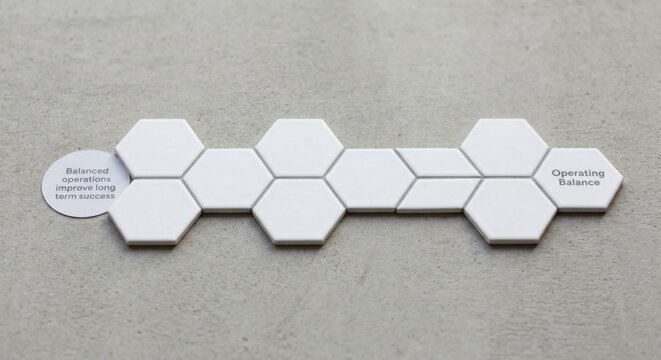 Minimalist arrangement of white hexagonal ceramic tiles in a linear pattern on a textured surface