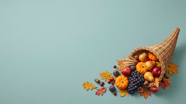 A beautiful cornucopia filled with fresh fruits and autumn leaves creating a festive thanksgiving border on a soft blue background for seasonal design