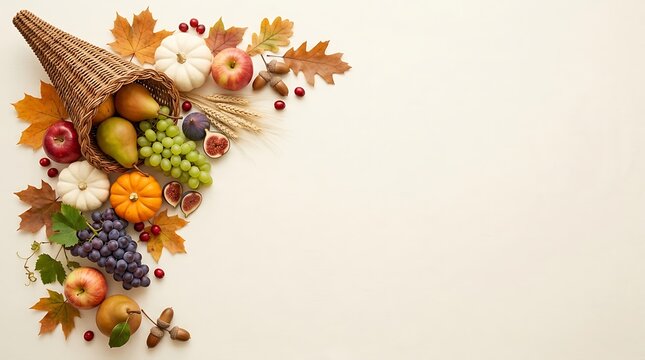A beautiful thanksgiving border featuring a traditional cornucopia filled with fresh autumn fruits vegetables and colorful fall leaves on white background