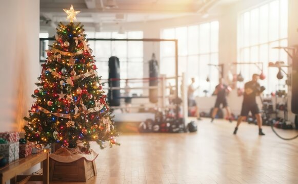 Festive Christmas tree decorated with lights inside a boxing gym with athletes training in the background, representing holiday fitness and seasonal health