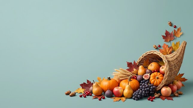 A beautiful thanksgiving border featuring a traditional cornucopia filled with autumn harvest fruits and vegetables on a soft blue background