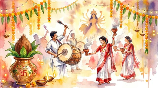 Watercolor illustration of people playing dholak drums and dancing during Durga Puja festival celebration background