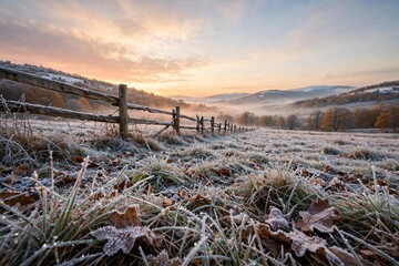 Obraz premium Frosty landscape featuring a wooden fence and grass, capturing the essence of November's seasonal transition