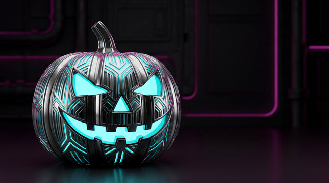 futuristic cyberpunk halloween jack o lantern rendered in 3d with metallic carved robotic circuit patterns glowing brightly with cyan neon light inside dark sci fi tech background room.