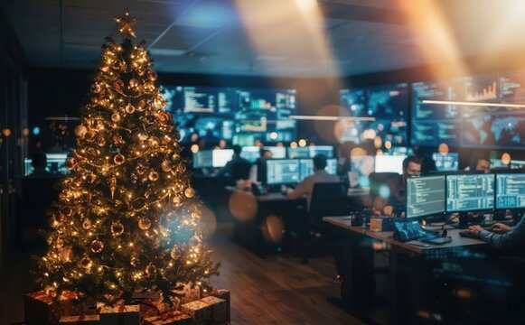 Christmas tree in a modern office control center with software developers working on computers during holidays