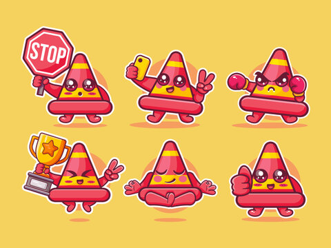 Funny traffic cone mascot illustration set featuring various poses