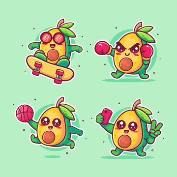 Funny avocado food characters bundle doing like skateboarding, boxing, basketball, and taking selfies