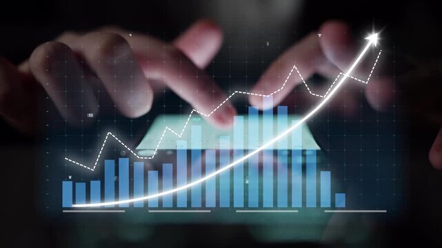 This image depicts a detailed financial analysis featuring a rising graph overlaying a digital interface, illustrating the growing trends in business and finance. Copula