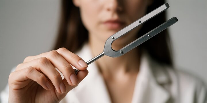 Female doctor holding a tuning fork for medical hearing test examination and auditory diagnostic assessment in clinic
