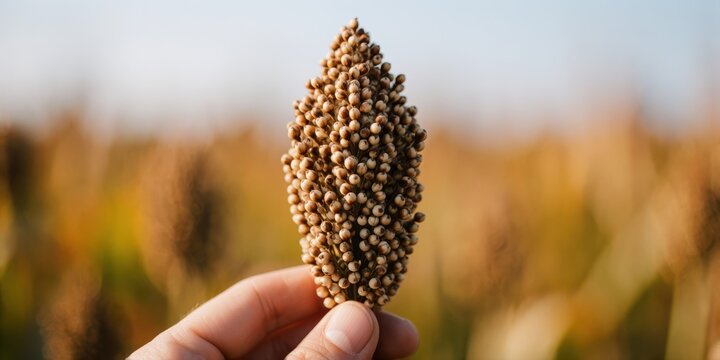 A hand holding a ripe sorghum grain head in a field, representing autumn harvest and sustainable agriculture