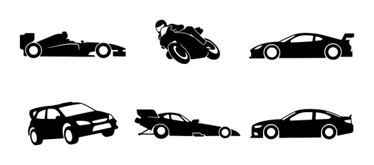 Fototapeta premium Racing Vehicles Set, Sports Cars, Motorcycle Icons, Formula 1 Silhouette Collection