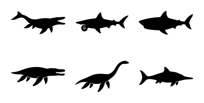 Prehistoric Marine Reptiles and Sharks Silhouettes, Ancient Sea Creatures Vector Icons